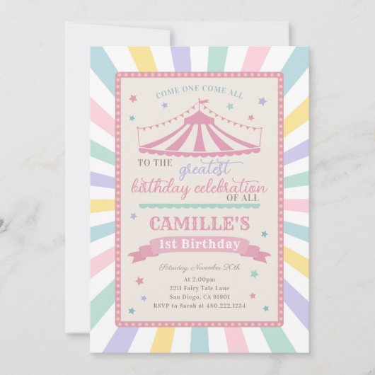 Girl Circus Theme Birthday Party Invitation Einladung (Vorderseite)