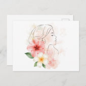 Girl close her eyes whithe flower-watercolor postkarte (Vorne/Hinten)