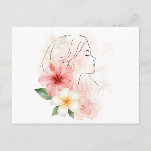 Girl close her eyes whithe flower-watercolor postkarte (Vorderseite)