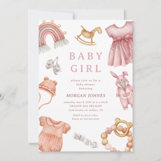 Girl Clothes Kinderzimmer Babydusche Einladung (Vorderseite)