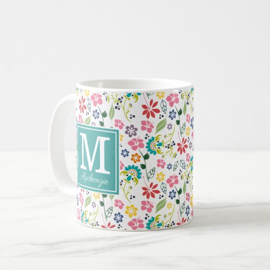 Girl Colorful Bohemisch Spring Flowers Monogram Kaffeetasse (Vorderseite Links)