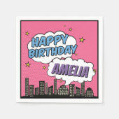 Girl Comic Book Style Superhero Happy Geburtstag Serviette (Vorderseite)