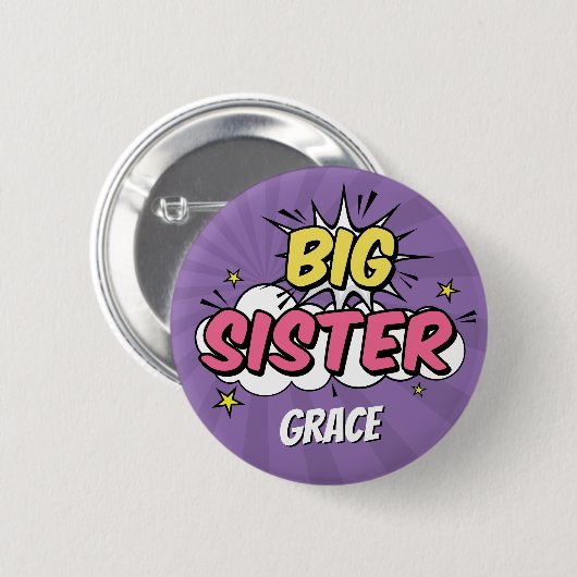 Girl Comic Book Superhero Kinderdusche Big Sister Button (Vorne & Hinten)
