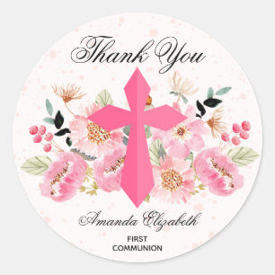 Girl Communion Watercolor Pink Floral Vielen Dank Runder Aufkleber