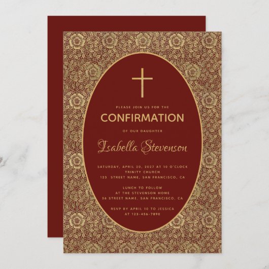 Girl Confirmation Burgundy Gold Rose Elegant Rot Einladung (Vorne/Hinten)