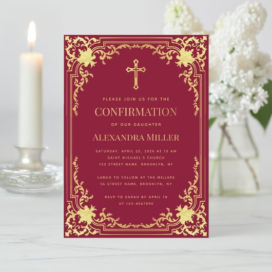 Girl Confirmation Burgundy Imitate Gold Cross Eleg Einladung