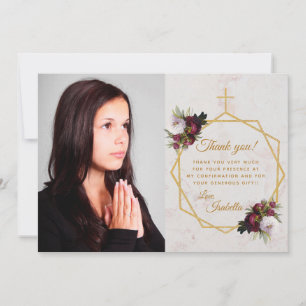 Girl Confirmation Burgundy Peony Gold Cross Marmor Dankeskarte