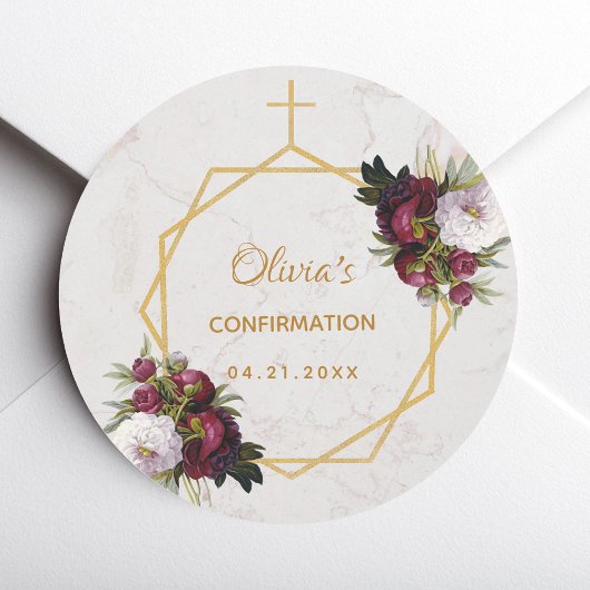 Girl Confirmation Burgundy Red Peonies Marble Gold Runder Aufkleber