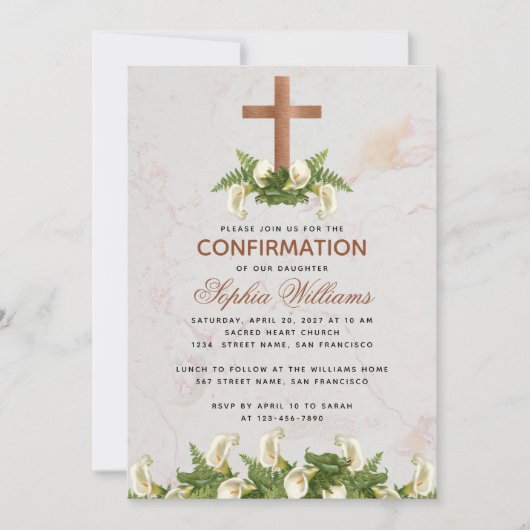 Girl Confirmation Copper Cross Calla Lilies Marmor Einladung (Vorderseite)