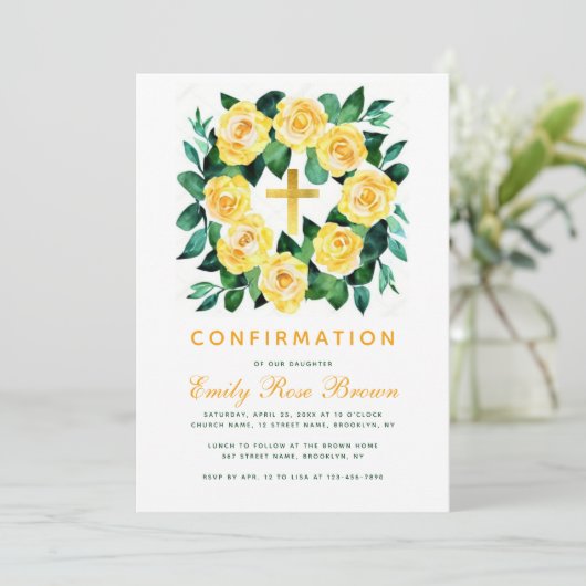 Girl Confirmation Floral Yellow Rose Wreath Script Einladung (Stehend Vorderseite)