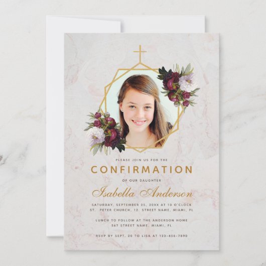 Girl Confirmation Foto Floral Burgundy Peonies Einladung (Vorderseite)