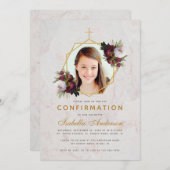 Girl Confirmation Foto Floral Burgundy Peonies Einladung (Vorne/Hinten)