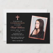 Girl Confirmation Foto Rose Gold Black Pink Einladung (Vorderseite)