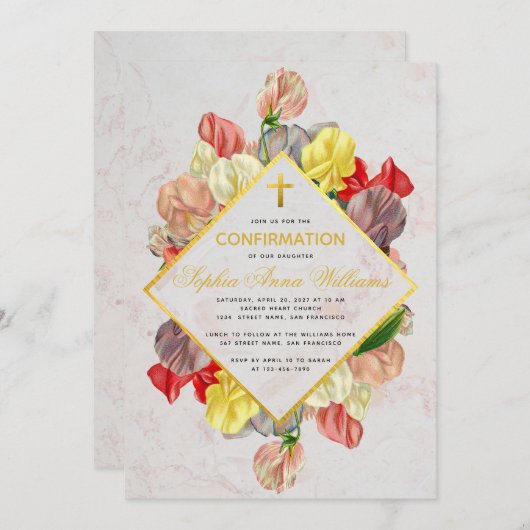 Girl Confirmation Gold Marmor Platterbsen Bläserei Einladung (Vorne/Hinten)