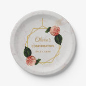 Girl Confirmation Marble Pink Camellia Floral Gold Pappteller (Vorderseite)