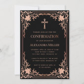 Girl Confirmation Pink Black Elegant Vintag Cross Einladung (Vorderseite)