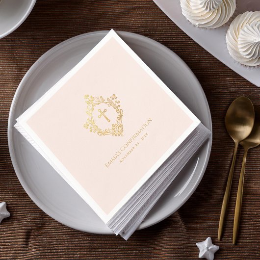 Girl Confirmation Pink Gold Cross Wappen Religious Serviette