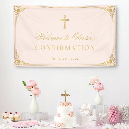 Girl Confirmation Pink Imitate Gold Cross Willkomm Banner
