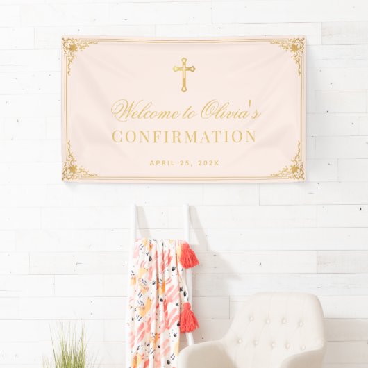 Girl Confirmation Pink Imitate Gold Cross Willkomm Banner (Insitu)