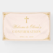 Girl Confirmation Pink Imitate Gold Cross Willkomm Banner (Horizontal)