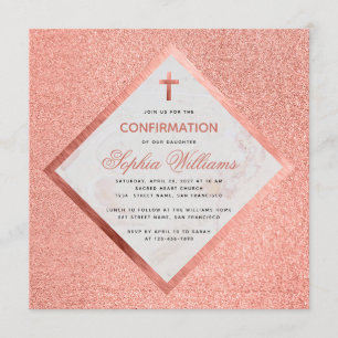 Girl Confirmation Pink Rose Gold Marmorkreuz Einladung
