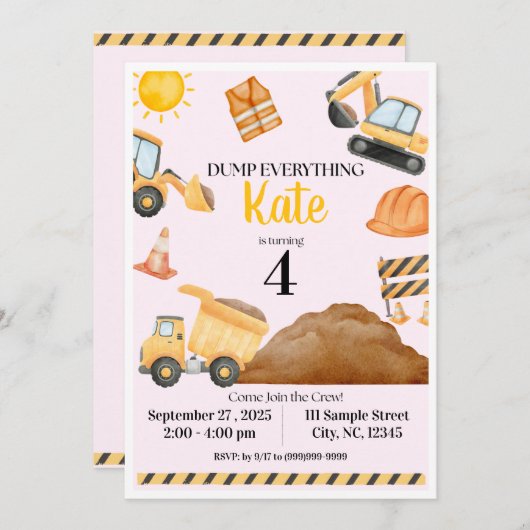 Girl Construction Birthday Invitation Einladung (Vorne/Hinten)