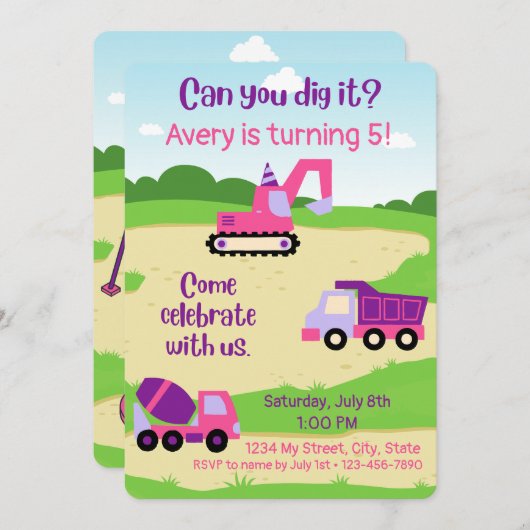 Girl Construction Birthday Invite Einladung (Vorne/Hinten)