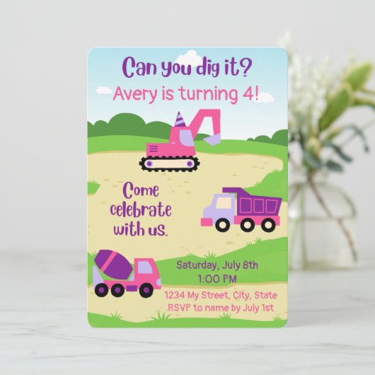 Girl Construction Birthday Invite Einladung (Stehend Vorderseite)