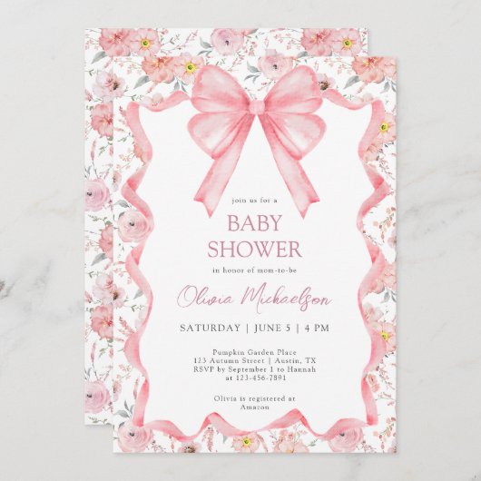 Girl Coquette Pink Floral Ribbon Bow Babydusche Einladung (Vorne/Hinten)