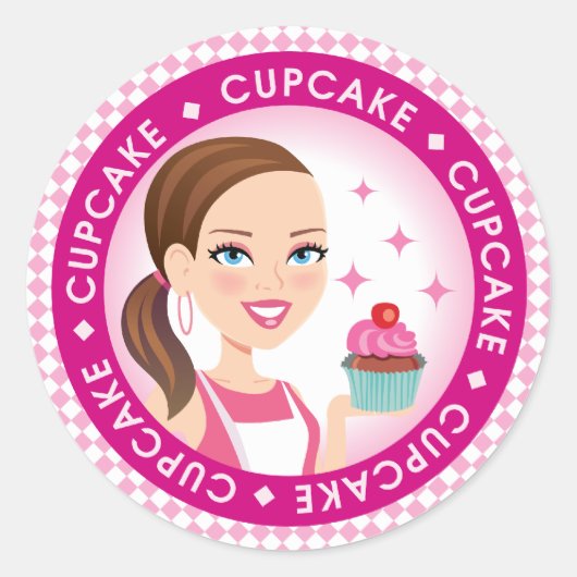 Girl & Cupcake Round Cupcake Label #2 Runder Aufkleber (Vorderseite)