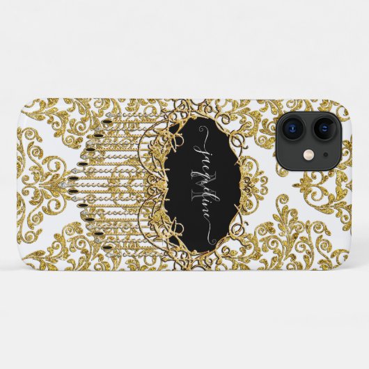 Girl Damask Gold Glitter Sparkle Monogram Name Case-Mate iPhone Hülle (Rückseite (Horizontal))