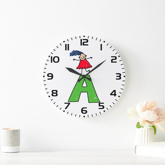 Girl Dancing on Green Letter A Fun Alphabet Große Wanduhr