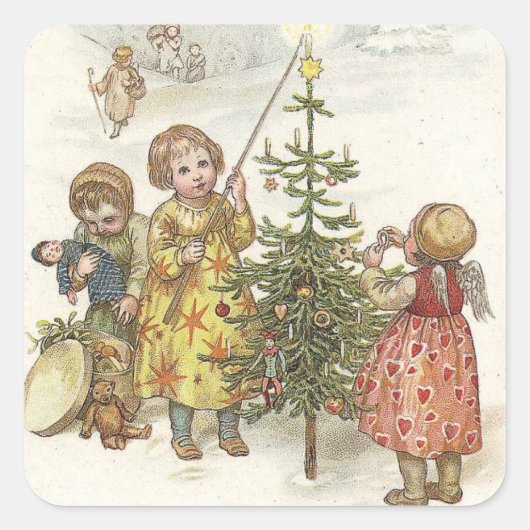 Girl dekoriert Weihnachtsbaum Vintag Quadratischer Aufkleber (Vorderseite)