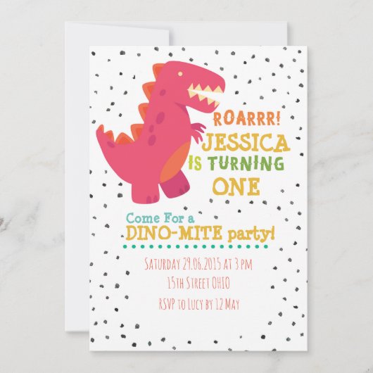 Girl Dino Birthday Party Einladung (Vorderseite)