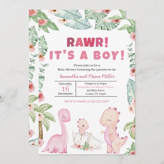 Girl Dinosaur Babydusche Einladung (Vorne/Hinten)