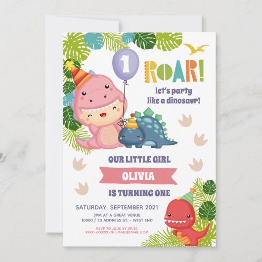 Girl Dinosaur Birthday Einladung (Vorderseite)