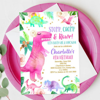 Girl Dinosaur Einladung Dino Geburtstagsparty Invi