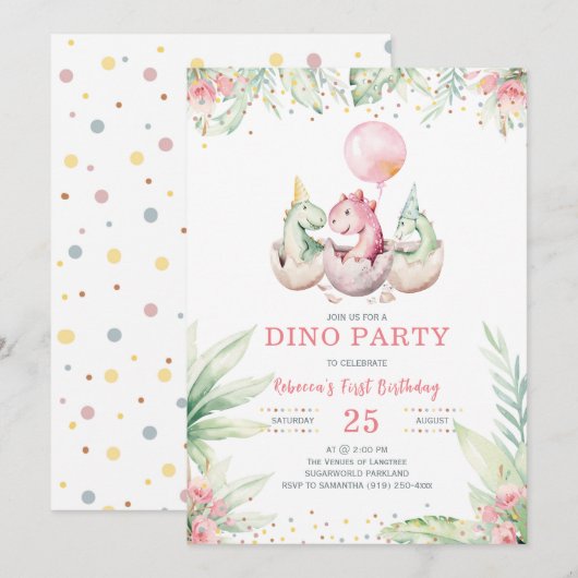 Girl Dinosaur Einladung zum ersten Geburtstag (Vorne/Hinten)