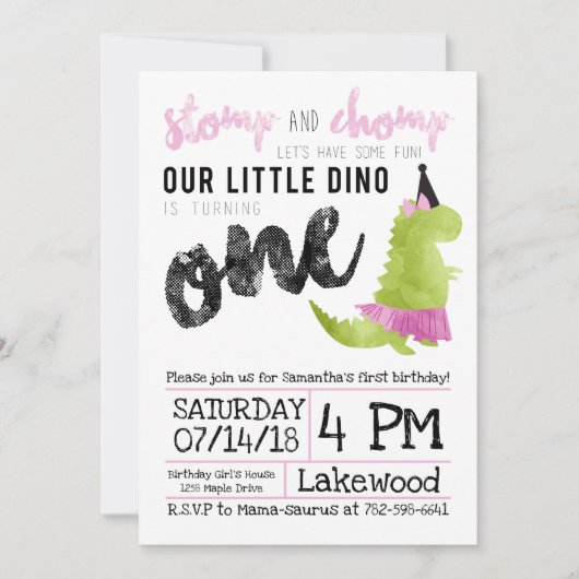 Girl Dinosaur Invitation Tutu First Birthday Einladung (Vorderseite)