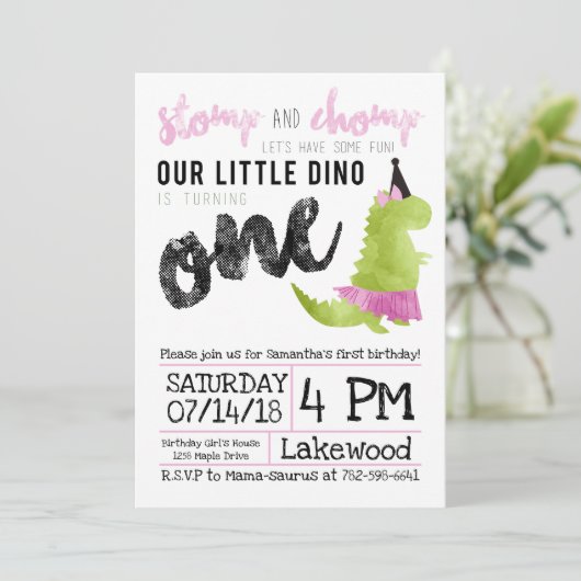 Girl Dinosaur Invitation Tutu First Birthday Einladung (Stehend Vorderseite)