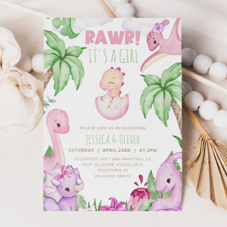 Girl DINOSAUR Kinderdusche Einladung, Lila Dino Einladung