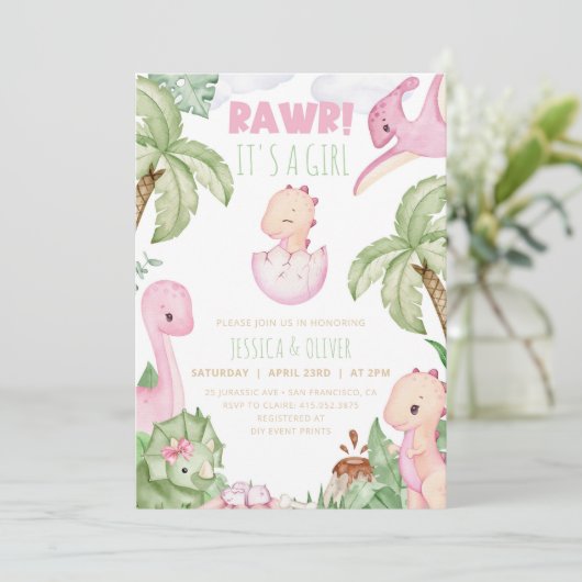 Girl DINOSAUR Kinderdusche Einladung, Pink Dino Einladung (Stehend Vorderseite)
