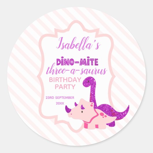 Girl Dinosaur Pink Birthday Runder Aufkleber (Vorderseite)
