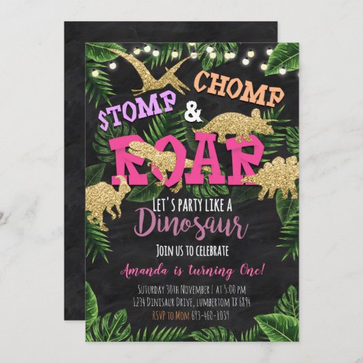 Girl Dinosaur Tropical Birthday Einladung (Vorne/Hinten)