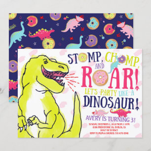 Girl Dinosaurier und Donuts Einladung zum Geburtst
