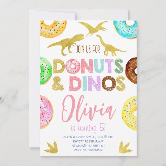 Girl Dinosaurier und Donuts Geburtstag Einladung (Vorderseite)