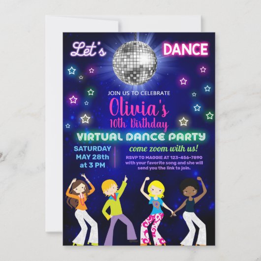 Girl-Disco-Tanz-Party, virtuelles Dance-Party. Einladung (Vorderseite)