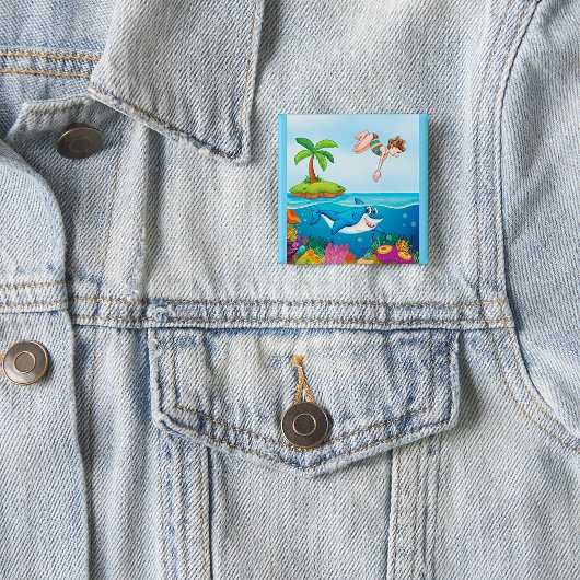 Girl Diving in Ocean Friendly Shark Coral Reef Button