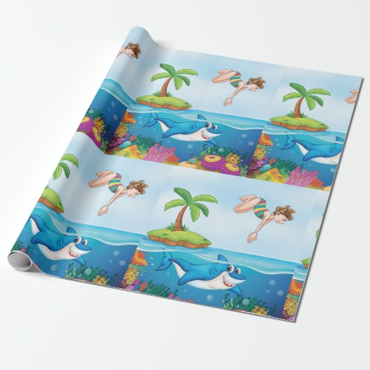 Girl Diving in Ocean Friendly Shark Coral Reef Geschenkpapier (Ungerollt)