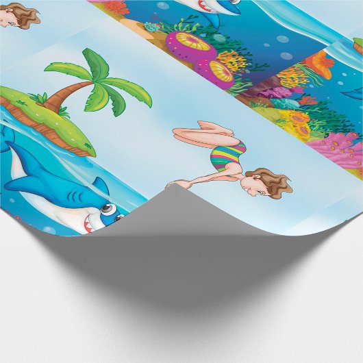 Girl Diving in Ocean Friendly Shark Coral Reef Geschenkpapier